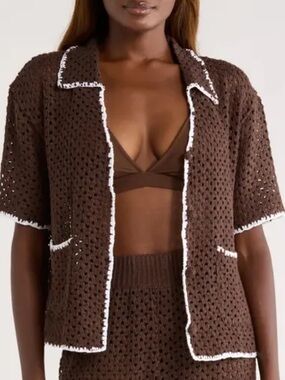 Elan Crochet Button-Up Cover-Up TOP, Brown/White, Size Medium, NWT